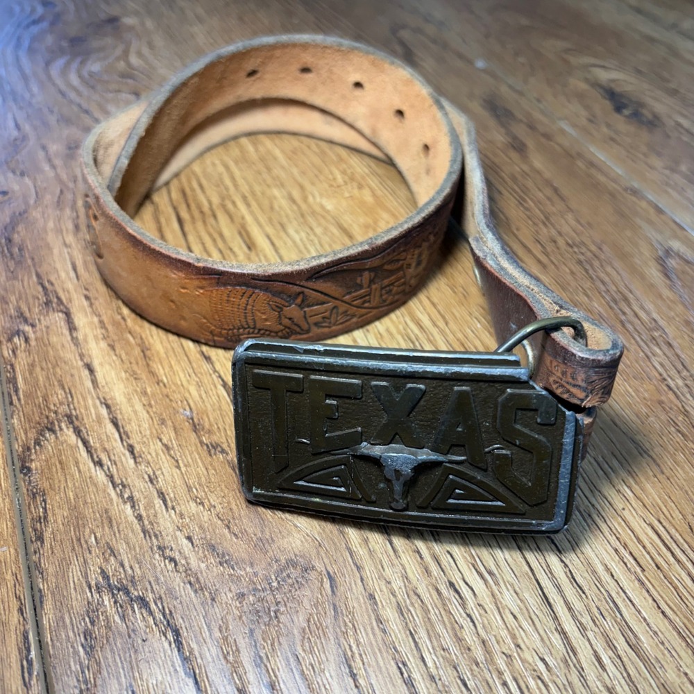 VTG 70s Bergamot Brass 1977 Texas Belt Buckle Kids Leather Engraved Tooled USA